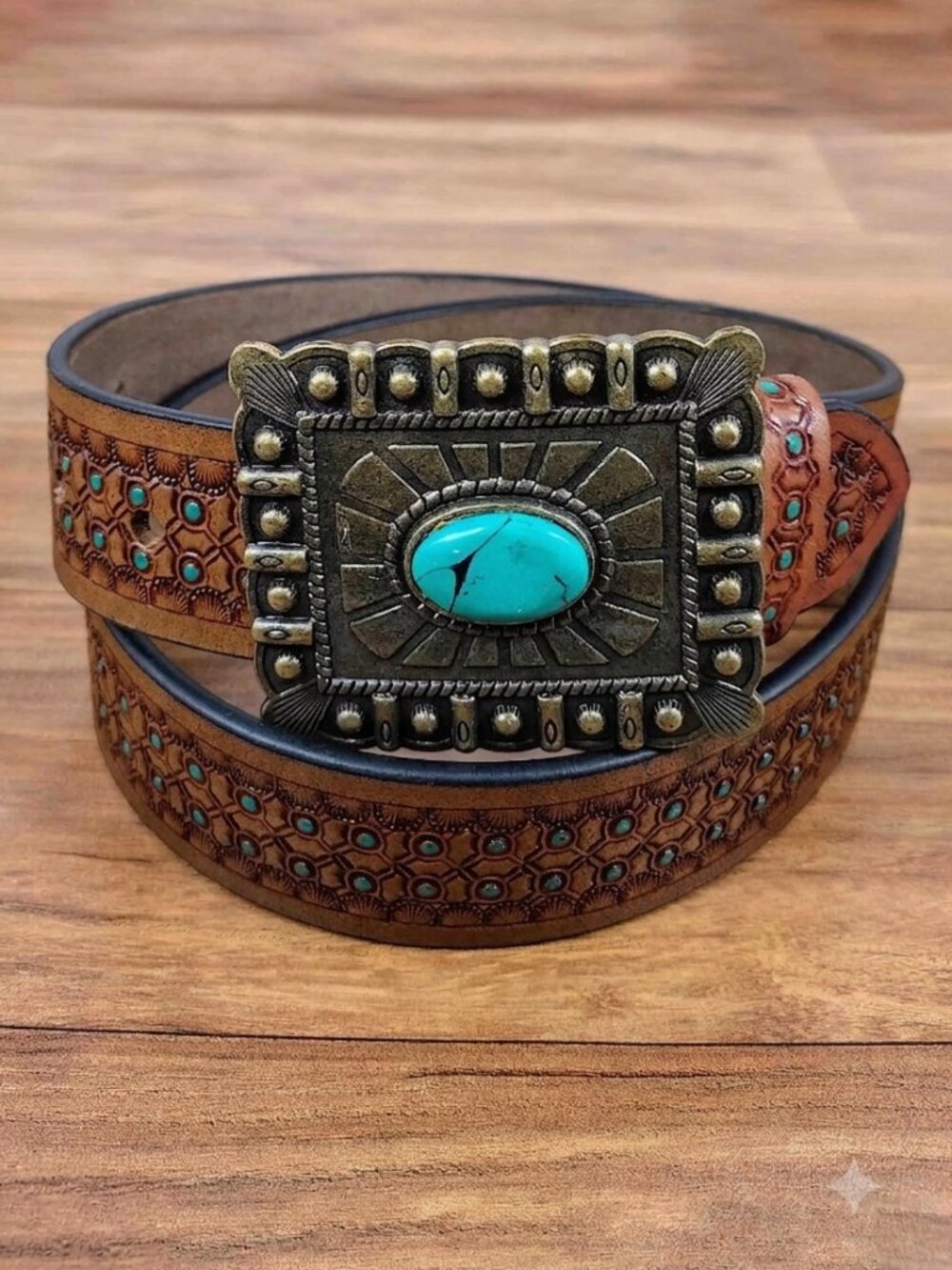 Western Honeycomb Tooled belt, Leather Embossed Belt with Turquoise Dots, Unisex